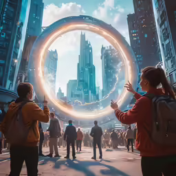 two people holding up a giant illuminated firework with buildings in the background