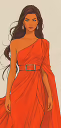 a girl in an orange dress with long black hair