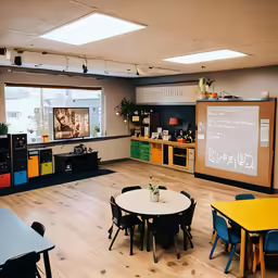 an empty classroom with table and chairs and a big screen