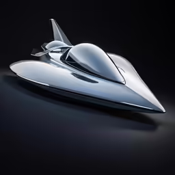 an abstractly designed silver object sits on a black background