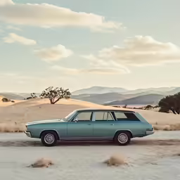 an older model car parked in the middle of a field