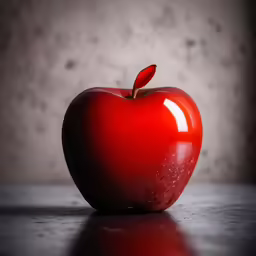 an apple sitting on a table in front of a wall