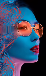 a woman with red, blue and pink eye makeup and shades