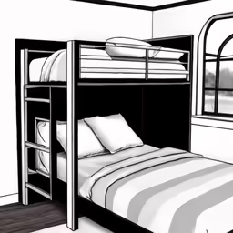 black and white photograph of bunk bed, a window, a stripped comforter and two pillows