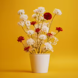 red and white flowers sitting in a vase on a yellow background
