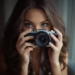 a woman holding up a digital camera while taking a picture