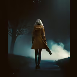 the woman in a long coat is walking through the foggy area