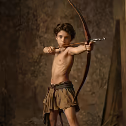 a young boy wearing a skirt, holding an arrow