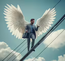 the male angel is on a wire and wearing a suit