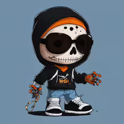 a skeleton wearing sunglasses and a black hoodie,a cartoon skull wearing black sunglasses and a hoodie holding chains