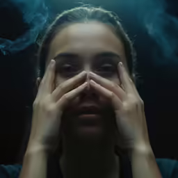 a woman with her hand near her face