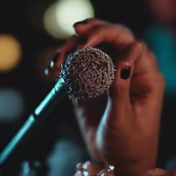 a hand with nails holding a chocolate ball