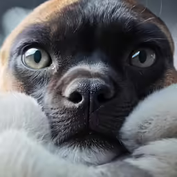 a close up of a dog with big blue eyes