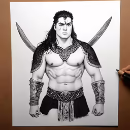 a sketch of a man with his hand holding two knives