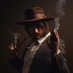 a man is posing and smoking while wearing a hat