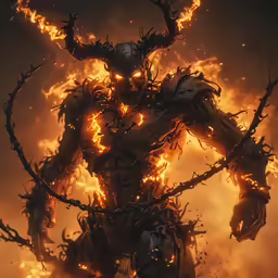 a demonic demon is standing in the middle of flames