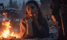 a girl sitting next to a fire in the dark