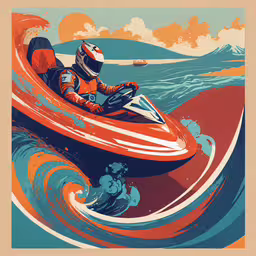 a man riding a red boat in a large body of water,a man in a red boat on a body of water
