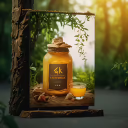 a glass jar of liquid next to an orange drink on a table