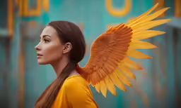 a woman with large yellow wings standing in front of a train