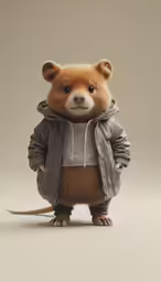 a stuffed animal with an overcoat and hood