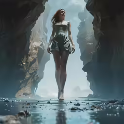 a woman in swimsuit walking into cave