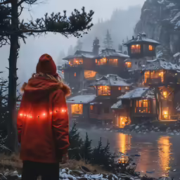 the man in red jacket looks at houses lit up