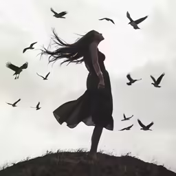 woman with bird flock in the air over a hill