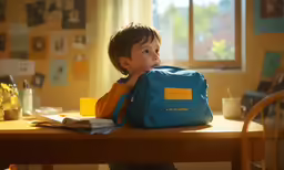 small child sitting in front of a blue lunch box