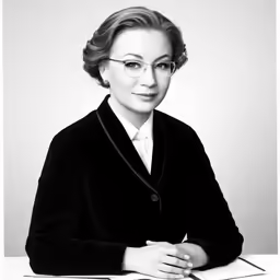 a woman with glasses at a desk