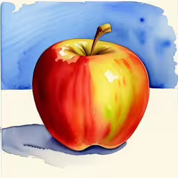 a red apple sits on top of a blue watercolor paper,an apple painted on a blue background