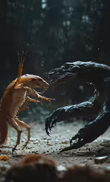 two aliens face off in an open field