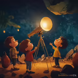 there are people standing around looking at a telescope