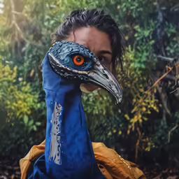 a young woman wearing a bird mask by a bush