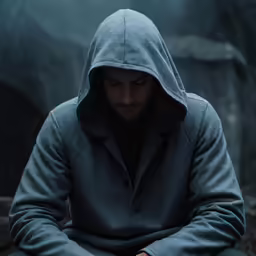 a man in a hooded jacket looking down at his watch