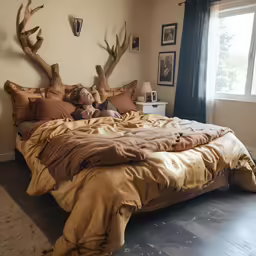 a woman sitting in her bed looking at her own photo
