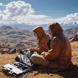 two people in warm clothing are looking at an electronic device