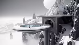 a futuristic building with a man looking out over the mountain