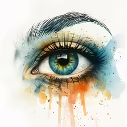 an eye with blue and yellow colored feathers