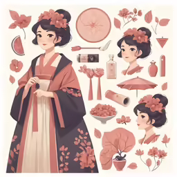 an asian woman dressed in traditional garb with many items on her head