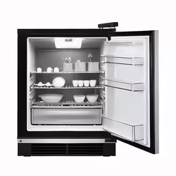 a refrigerator is open and has many empty plates