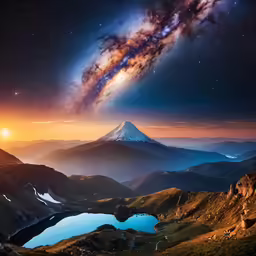 a night sky over the mountains and a lake