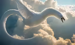 a white bird flying through the sky while covered in clouds