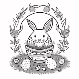 an easter card with an illustration of a bunny and a bowl full of eggs,the illustration shows an easter bunny in a nest with eggs,a bunny sitting inside of an egg surrounded by easter eggs,an easter bunny in a basket filled with eggs,an illustration of a bunny in an egg with eggs