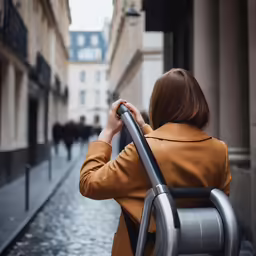a woman standing on the side walk on a city street