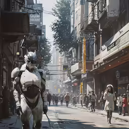 a person in a robot suit walking down a city street