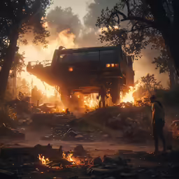 the silhouette of a man in front of an open fire truck