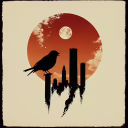 a bird perched on a tall building with the city skyline
