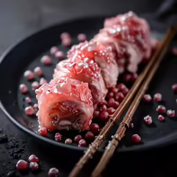 meat filled roll next to chop sticks on a plate