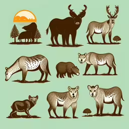 some animals with an animal logo,some different types of animals are on the green background,a series of different animal